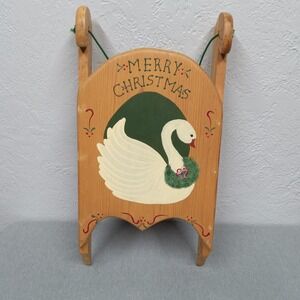 Vintage Wooden Hand Painted Merry Christmas Goose Sleigh Sled Wall Hanging